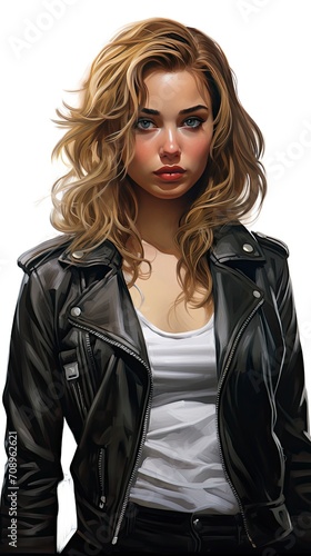 cute girl, white background , medium hair, looking at another point, wearing leather jacket - generative ai