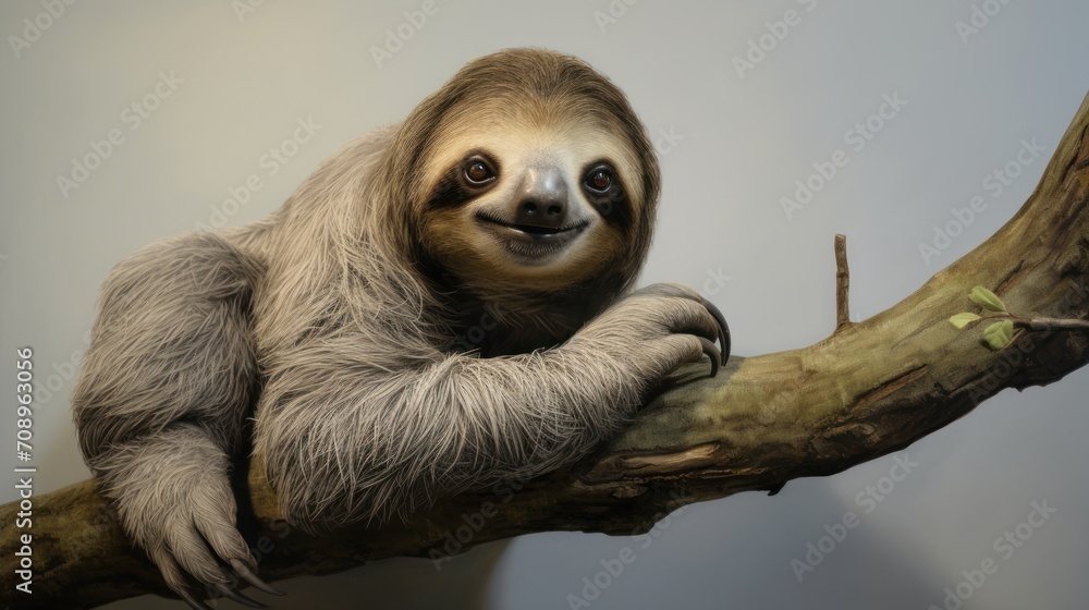 Fototapeta premium a sloth sitting on top of a tree branch with a smile on it's face as it sits on a branch with a twig in front of it.