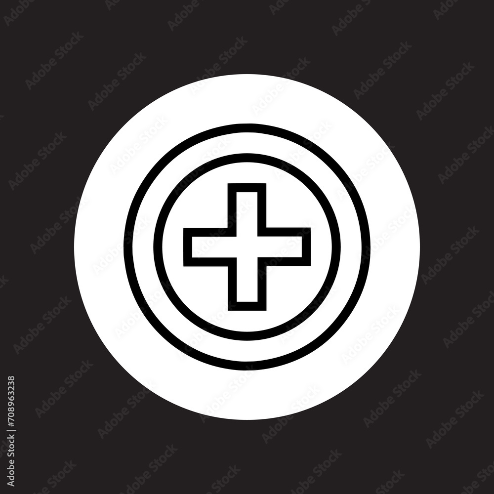 Add icon vector. Plus icon logo design. Medical cross symbol in circle isolated on black background Add icon vector. Plus icon logo design. Medical cross symbol in circle isolated on black background