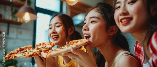 Happy Asian Three young female friends eating pizza party at home