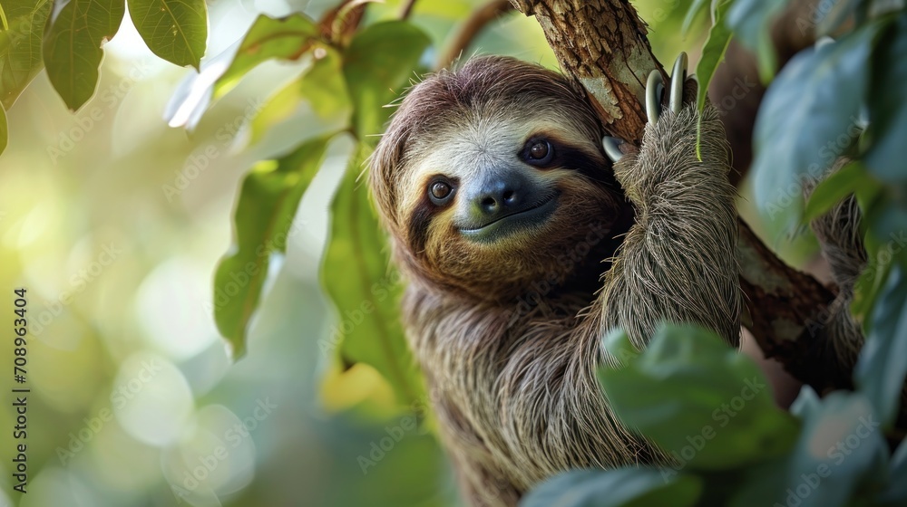 a three - toed sloth hangs from a tree branch in a tree, with its eyes wide open, in a tropical area with green leaves and a blurry background. a three - toed sloth hangs from a tree branch in a tree, with its eyes wide open, in a tropical area with green leaves and a blurry background.