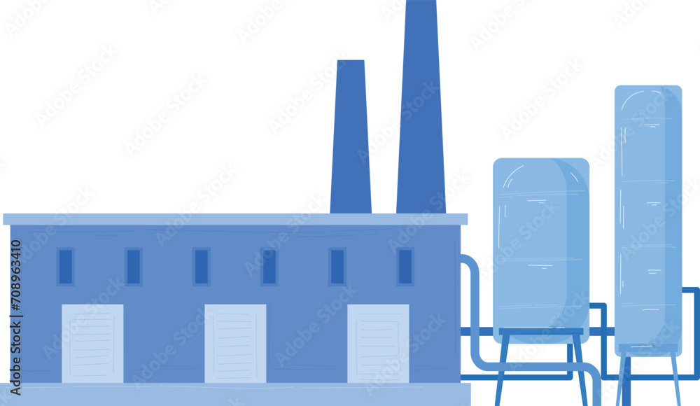 Obraz premium Blue industrial factory building with chimneys and storage tanks. Simple flat design of a manufacturing plant. Industrial architecture vector illustration.