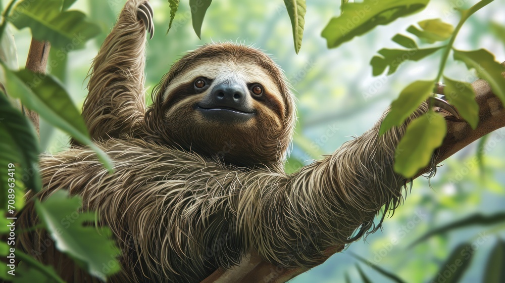 Fototapeta premium a painting of a sloth hanging from a tree branch with green leaves in the foreground and a blurry background of leaves and foliage in the foreground.