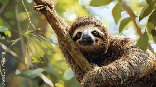  a painting of a sloth hanging on a tree branch in a forest with lots of green leaves and a smile on the face of the sloth who is holding on the branch. photo