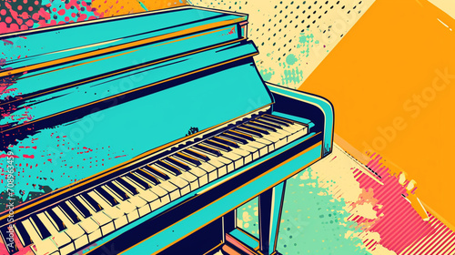 Wow pop art piano. Vector colorful background in pop art retro comic style. Music instrument