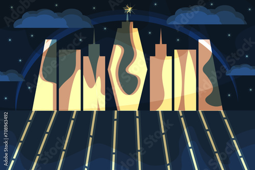 Futuristic City with glowing buildings on dark background. Future Geometrical City. Surrealistic urban landscape with shine elements. Vector illustration for web. EPS 10