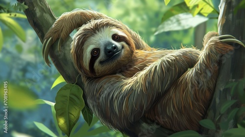  a sloth hanging upside down on a tree branch in a forest with lots of green leaves and a blurry background of greenery foliage and a soft focus on the sloth sloth's face.