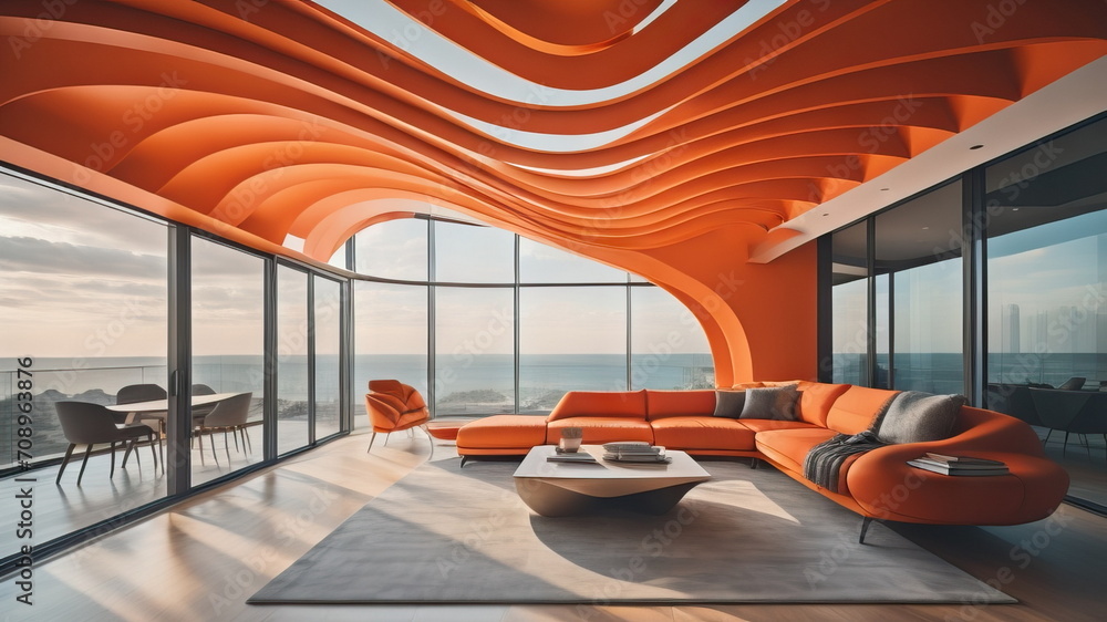 Fototapeta premium Abstract wavy ceiling in futuristic interior design of modern living room