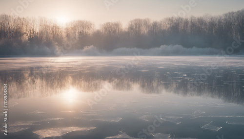 morning at the frozen lake with sunrise
