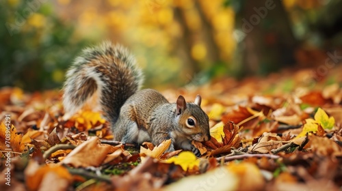  a squirrel sitting on top of a pile of leaves next to a forest filled with lots of trees and yellow and red leaves on the ground and yellow leaves on the ground.