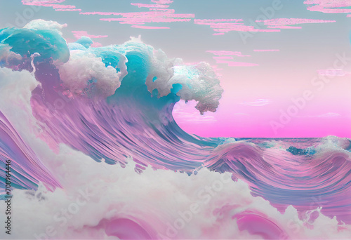 A computer generated image of a wave of water and clouds in pastel colors and a pink and blue hues background.