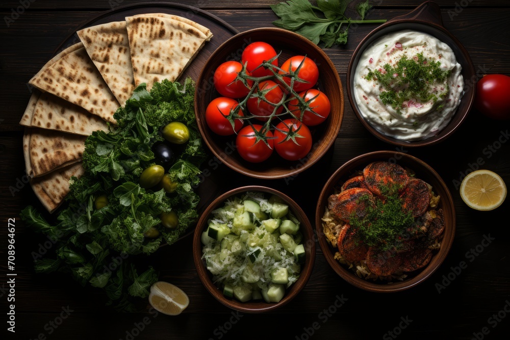 Group of Traditional Greek Food Bowls on a Wooden Board Group of Traditional Greek Food Bowls on a Wooden Board