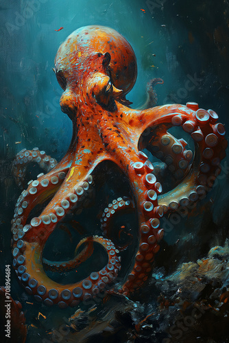 Oceanic Octopus Odyssey Abstract Painting of an Orange Cephalopod at Seabed