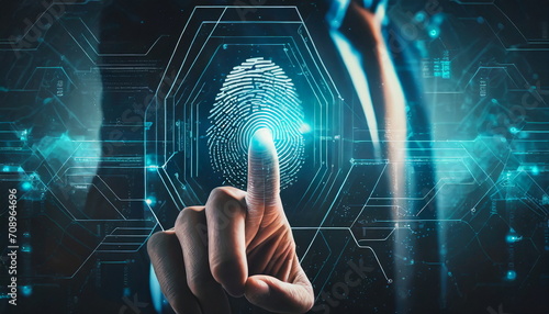 Future technology and cybernetics, fingerprint scanning biometric authentication, cybersecurity and fingerprint password photo
