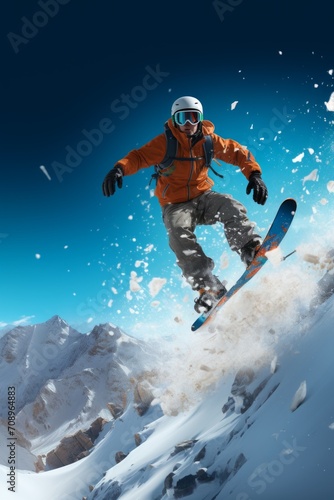 Man in Orange Jacket Performing a Stylish Snowboarding Jump