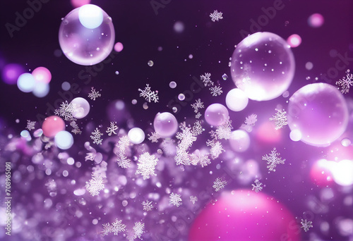 Bunch of snowflakes floating in the air with bubbles on them and blurry background of pink and purple.