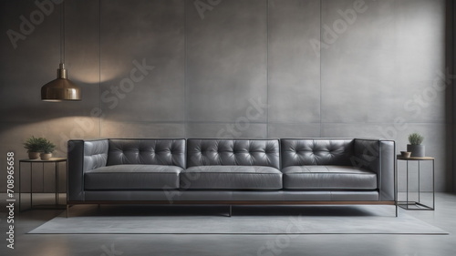 Gray leather tufted sofa against concrete tile wall. Luxury interior design of modern living room  © Marko