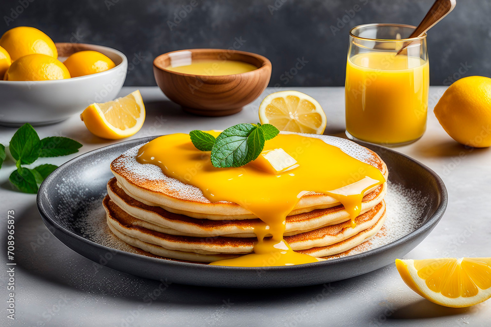 Crepes, thin pancakes with lemon curd and fresh mints on gray background. . Crepes, thin pancakes with lemon curd and fresh mints on gray background. .
