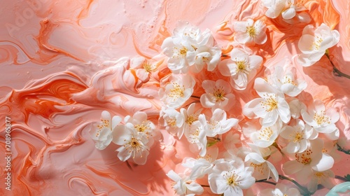  a bunch of white flowers sitting on top of a pink and orange liquid textured surface with drops of water on the top of the petals and bottom of the flowers.