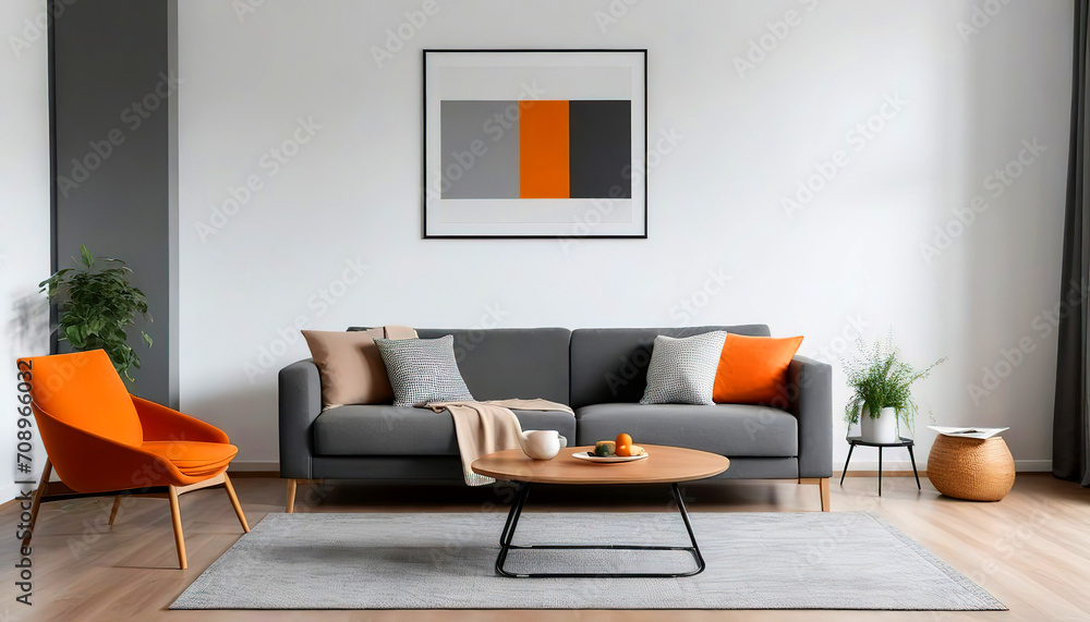 Orange blanket on grey sofa in modern apartment interior with poster and wooden table Orange blanket on grey sofa in modern apartment interior with poster and wooden table