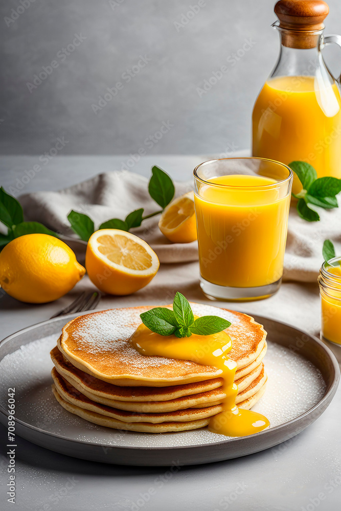 Crepes, thin pancakes with lemon curd and fresh mints on gray background. Crepes, thin pancakes with lemon curd and fresh mints on gray background.