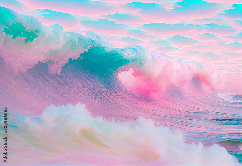 A computer generated image of a wave of water and clouds in pastel colors and a pink and blue hues background.