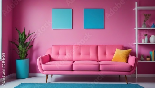 Pink sofa and armchairs against window near pink stucco wall with art poster frame. Art Deco interior design of modern living room