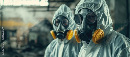 Two environmental engineers in protective gear and gas masks inspected an old, hazardous fuel leakage and its impact on the environment in a contaminated warehouse. photo
