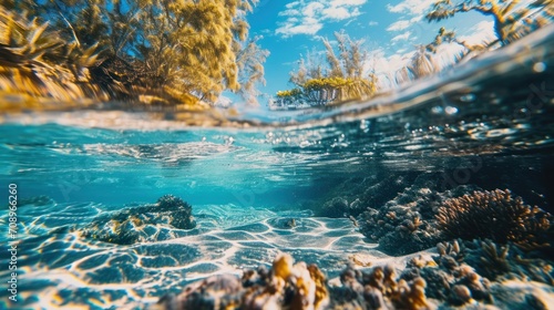  an underwater view of a coral reef with trees and rocks in the foreground and blue sky in the background, with sunlight streaming through the water's surface.