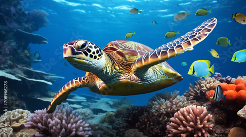 Green Sea Turtle Under Water with Coral Reef