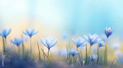 A meadow filled with blue Hepatica wildflowers under a soft spring sky, creating a dreamy landscape.