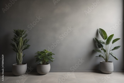 Interior background of room with gray stucco wall and pot with plant 