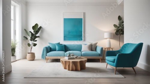  Interior design of living room with turquoise armchair and wooden coffee table