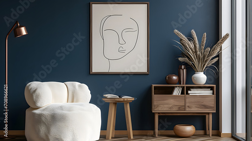 Elegant modern living room interior design with fluffy armchair, pouf, wooden commode, mock up poster frame and modern home accessories. Blue wall. Template. Copy space,interior,,fragmented architectu photo