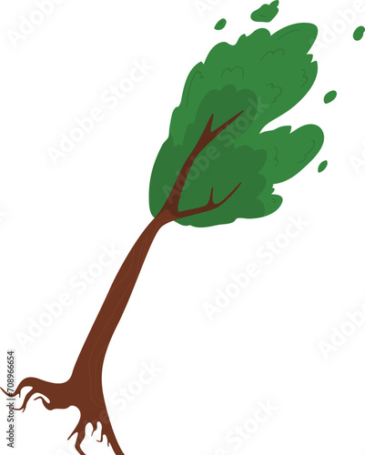 Cartoon tree with green leaves blowing in the wind. Stylized strong wind bending tree illustration. Windy day and nature concept vector illustration.