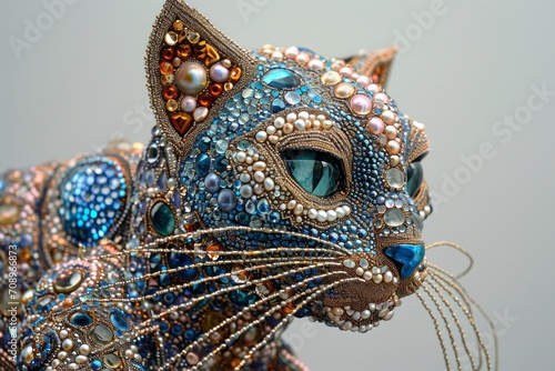 Big cat made of colored stones and pearls