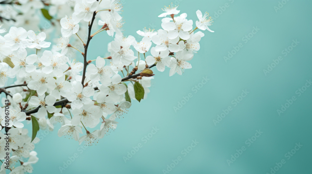 Delicate cherry blossoms branch in full bloom against a serene light blue background, symbolizing spring. Delicate cherry blossoms branch in full bloom against a serene light blue background, symbolizing spring.