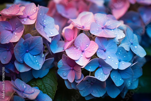 Blooming pink and blue hydrangea flowers