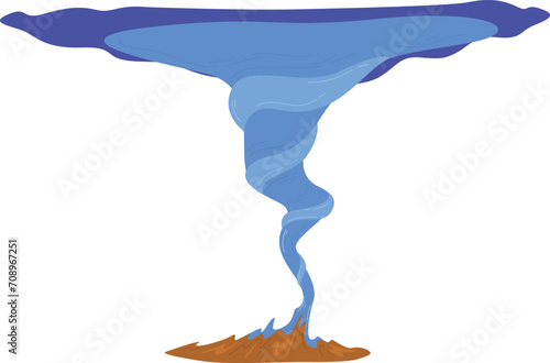 Blue tornado cartoon drawing. Whirlwind vector art with brown ground. Natural disaster, windy weather vector illustration.