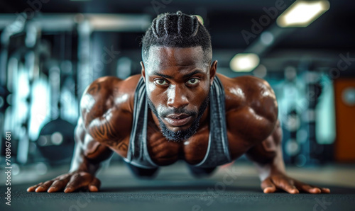 Focused African American man performing a push-up, demonstrating strength and endurance in a modern gym setting, with an intense and determined expression © Bartek
