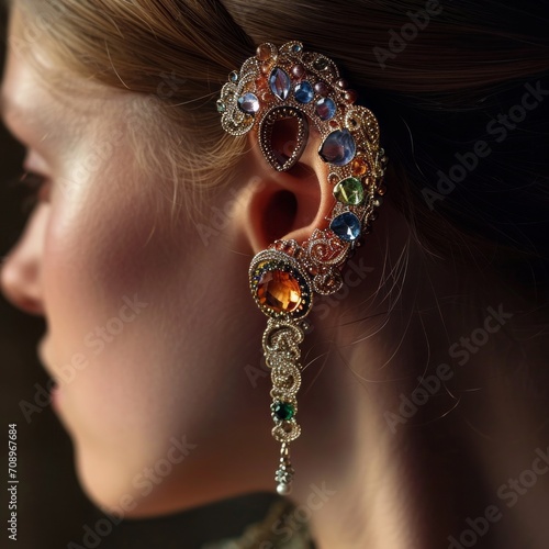 Colored stones on a woman's ear