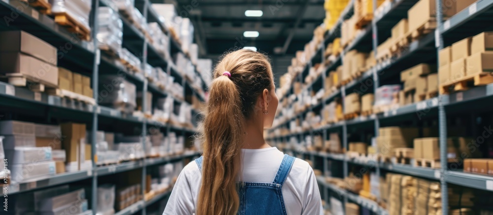 Woman examining packages on shelf in small warehouse. Woman examining packages on shelf in small warehouse.