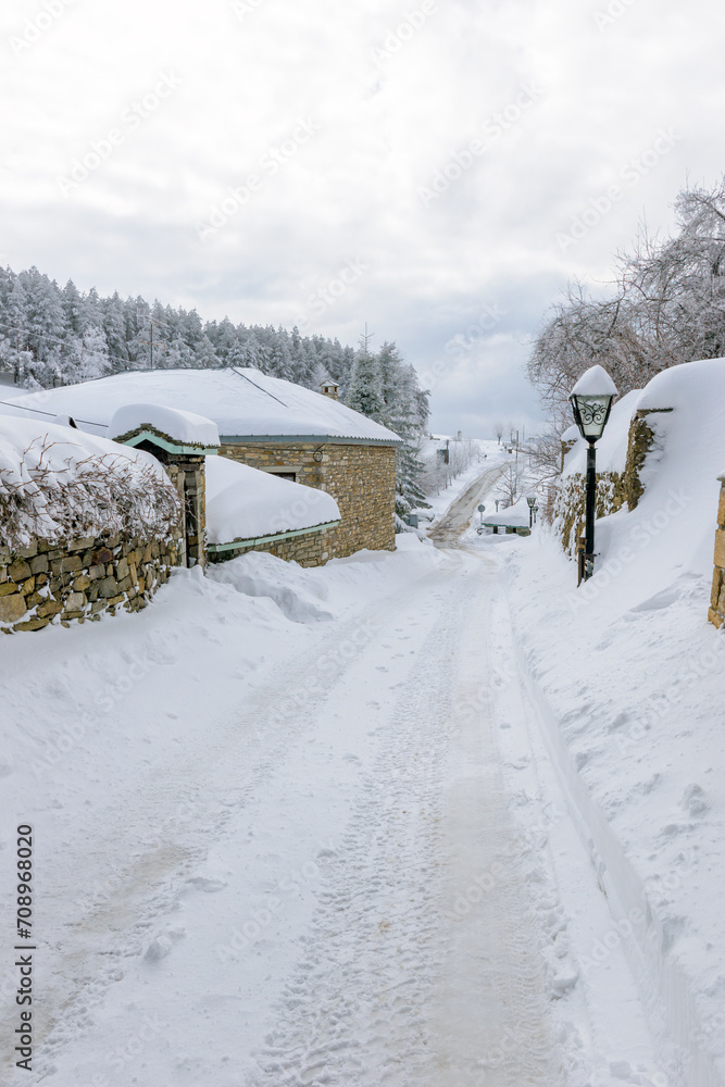 view of snowy Nymfaio florinas the picturesque traditional village of north Greece also known for Arcturos organisation which protects brown bears. view of snowy Nymfaio florinas the picturesque traditional village of north Greece also known for Arcturos organisation which protects brown bears.