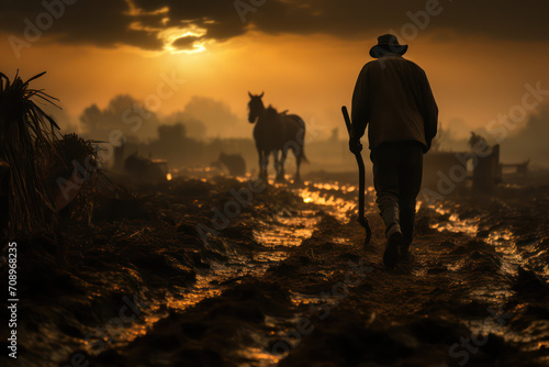 horse and farmer on sunset