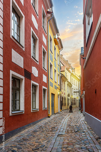 Narrow medieval street in old Riga, Latvia.