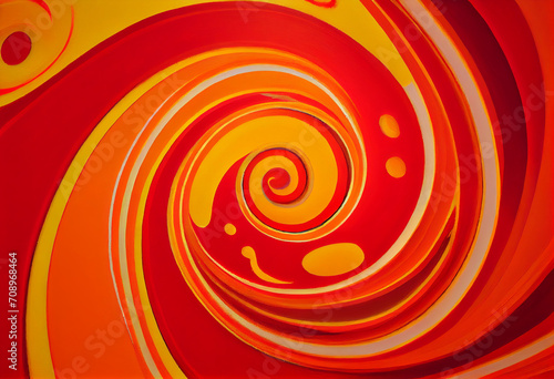 An abstract painting with a red orange and yellow swirls on background.