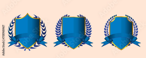 Blue blank shield and laurel wreath collection with ribbon design.