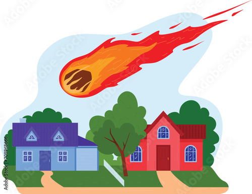 Meteor falling towards houses, neighborhood under threat from space. Disaster and emergency concept vector illustration.