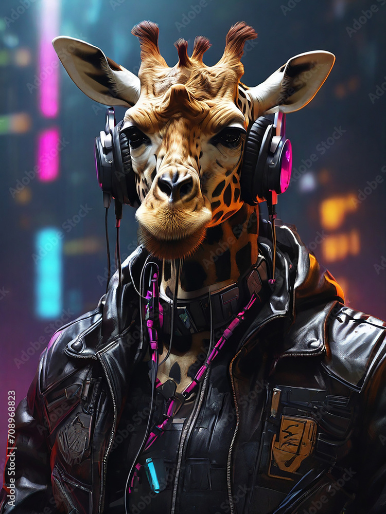 Cyberpunk Giraffe in Leather and Headphones by Alex Petruk APe ai generated