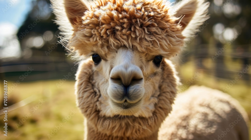  a close up of an alpaca looking at the camera with a blurry background of grass in the foreground and a wire fence in the foreground.